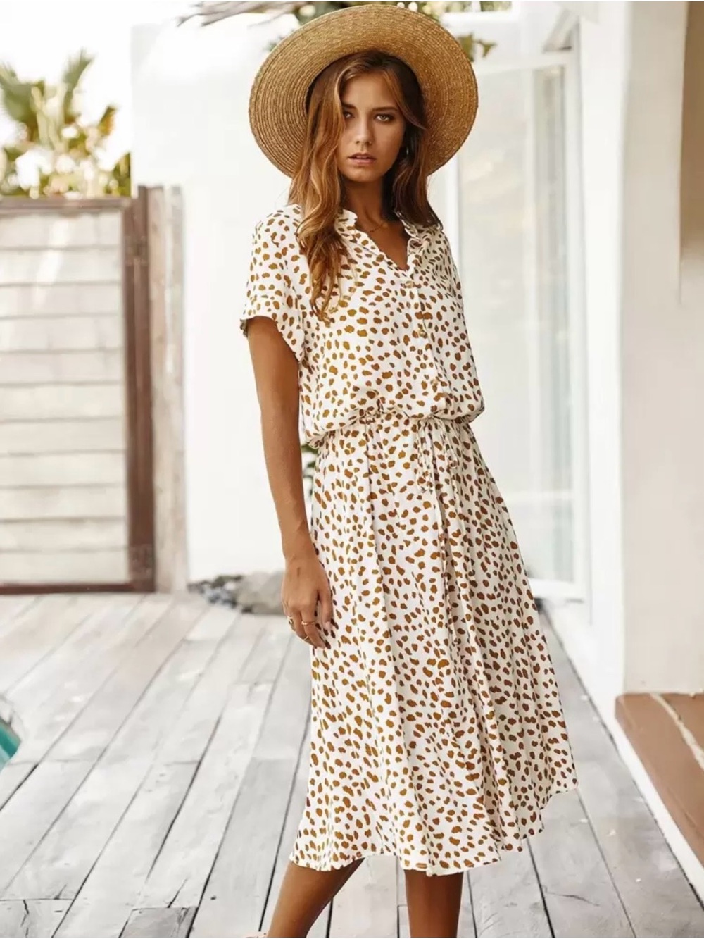 SHEIN White Midi Dress with Tan Spot Print